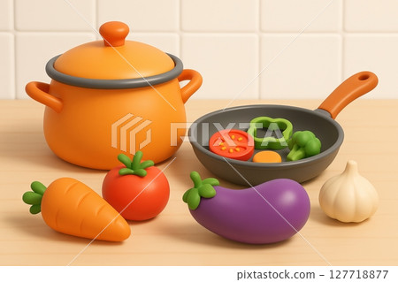Colorful kitchen utensils and play vegetables with orange pot and gray pan for cooking fun. concept of toy kitchen playset, child's imaginative cooking, fun playtime. 127718877