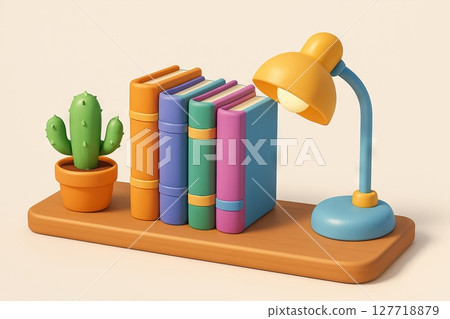 Colorful books and desk lamp with cactus on wooden shelf in minimalist interior design. concept of cozy home decor, reading corner, indoor plants 127718879