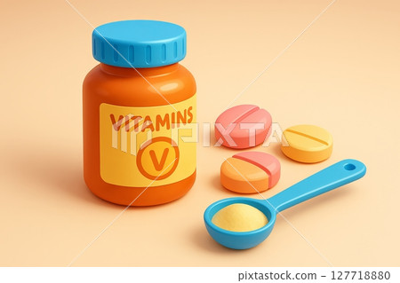 Colorful vitamin bottle and pills with measuring spoon on orange background. concept of health, nutrition, vitamin supplements, healthy lifestyle 127718880