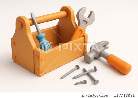 Wooden toolbox with assorted tools including hammer, wrench, and screws on white background. concept of diy projects, home repairs, construction basics, white background 127718881