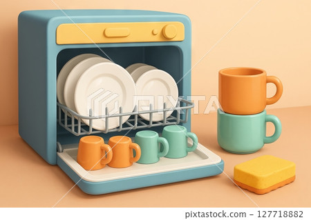Colorful illustration of a dishwasher with clean dishes and cups in a modern kitchen. concept of household appliance, cleanliness, kitchenware organization 127718882
