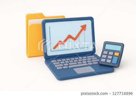 Financial analysis with laptop, calculator, and file folders. concept of business review, data evaluation, workplace equipment, white background 127718896
