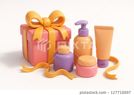 Gift box with colorful cosmetics in illustration concept of beauty products, self-care, and present giving, white background 127718897
