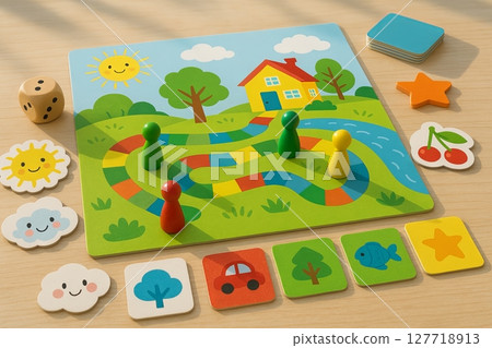Children s daytime board game with colorful pieces and dice on wooden table. concept of family fun, creative play, simple strategy game for kids 127718913