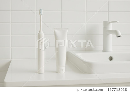 Simple electric toothbrush and toothpaste in modern bathroom for daily oral hygiene. concept of cleanliness, morning routine, personal care 127718918