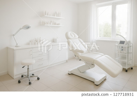 Bright modern medical office with white interior featuring exam chair and shelving. concept of clean healthcare environment, professional clinic, minimalist design. 127718931