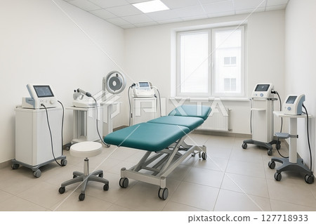 Modern physiotherapy office with various medical equipment and examination table in bright and minimalist interior. concept of healthcare facility, physical rehabilitation, clinical environment 127718933