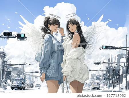 Illustration material of a young woman in angel fashion 127718962