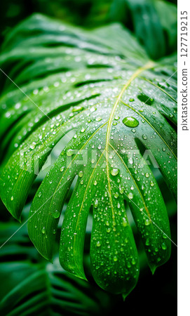 Close-up of green leaf with water droplets Close-up of green leaf with water droplets 127719215
