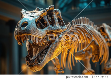 Fossilized tyrannosaurus rex skeleton on display in a natural history museum showcasing prehistoric life Fossilized tyrannosaurus rex skeleton on display in a natural history museum showcasing prehistoric life 127719364