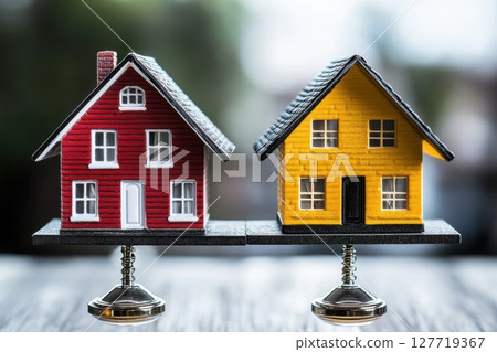 Two model houses in vibrant red and yellow colors resting on a balance scale under natural lighting, symbolizing real estate market dynamics and property comparison 127719367
