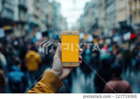 Crowd holding a smartphone with a yellow screen during a public demonstration in a city street, showcasing unity and expression of opinions among participants 127719368