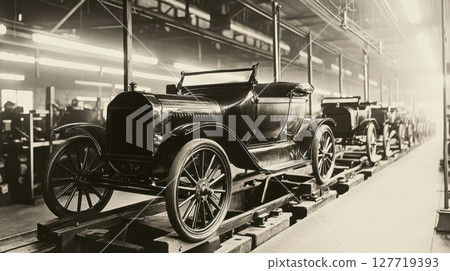 Vintage automobile assembly line in a factory showcasing early 20th-century car production techniques during the industrial era 127719393