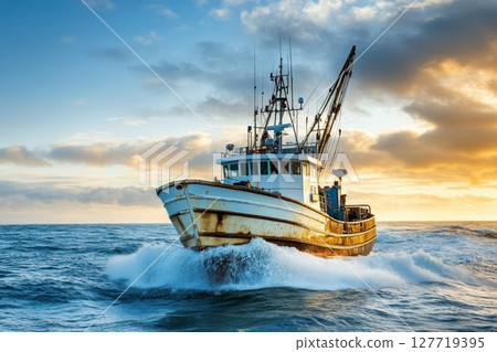 Fishing vessel navigates ocean waves during sunset near coastal port, showcasing the rugged charm of maritime activities 127719395