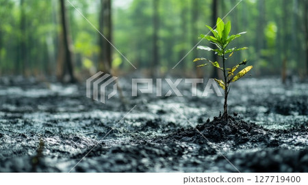 New sapling grows in a wetland area, showcasing resilience amid muddy terrain surrounded by lush vegetation and soft sunlight filtering through tall trees 127719400