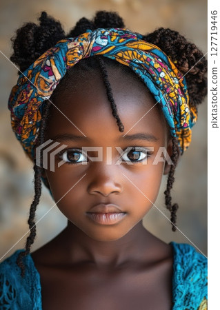 Girl with beautiful eyes and vibrant head wrap stands against a textured background showcasing her natural beauty and cultural heritage in the afternoon light 127719446