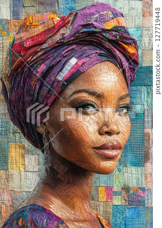 Portrait of a woman adorned in vibrant headwrap against a textured background highlighting artistic expression and cultural heritage in a contemporary setting 127719448