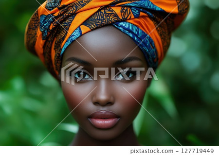Striking portrait of a woman with vibrant headwrap in a lush natural setting during daylight highlighting her captivating features and confident expression 127719449