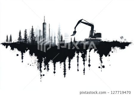 Excavator working on a construction site near a forest with industrial structures in the background during the day 127719470