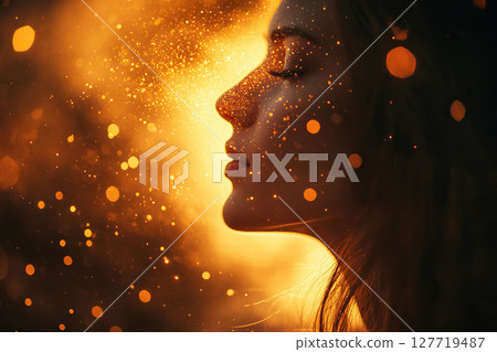 Double exposure of a portrait of a young woman with her eyes closed and a galactic space inside her head. The inner world of man 127719487