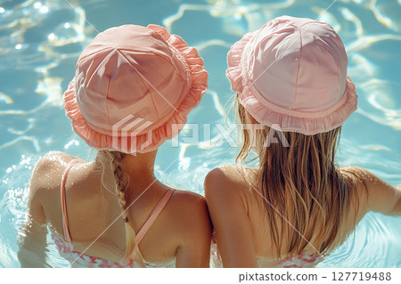 Two little girls in hats sit in a clean transparent pool in summer. View from above. Generated by artificial intelligence 127719488