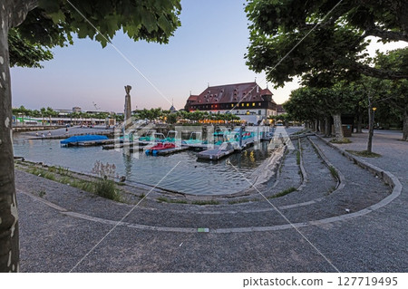 Pedal boat dock at harbour of Konstanz Lake Constance 127719495