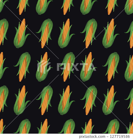 Seamless corn pattern in pixel art style on dark background, vector 127719586