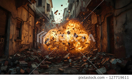 Powerful Explosion in Urban Alleyway with Bricks and Debris Flying, realistic photography of cracked walls and rubble mid-air under golden hour light Powerful Explosion in Urban Alleyway with Bricks and Debris Flying, realistic photography of cracked walls and rubble mid-air under golden hour light 127719611