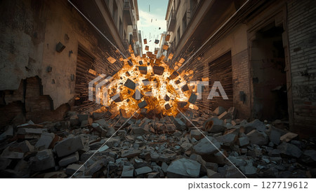 Powerful Explosion in Urban Alleyway with Bricks and Debris Flying, realistic photography of cracked walls and rubble mid-air under golden hour light 127719612