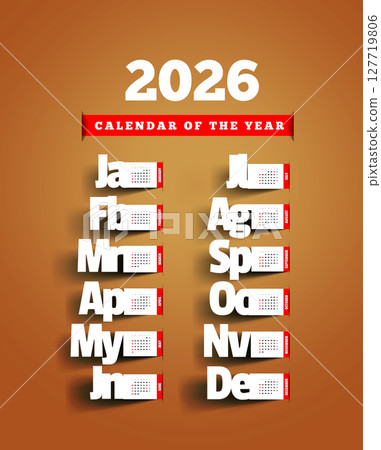 Calendar for 2026. Vector illustration with months cut out of paper. Start of the week - Sunday 127719806
