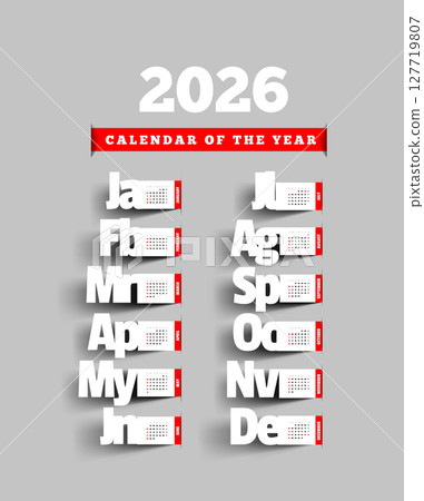 Calendar for 2026. Vector illustration with months cut out of paper. Start of the week - Sunday 127719807