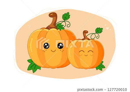 Kawaii pumpkins. Cute couple happy pumpkins cartoon character. Halloween, harvest concept. For poster, card, print, social media, post. Vector illustration 127720010
