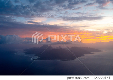 Aerial view of Moorea island at sunset, French Polynesia 127720131