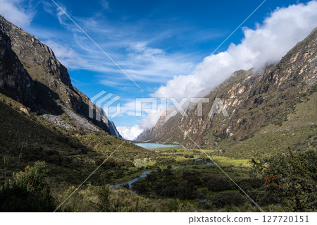Scenic valley landscape along the Laguna 69 trek in Huaraz, Peru Scenic valley landscape along the Laguna 69 trek in Huaraz, Peru 127720151