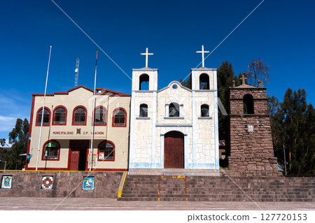 Church and municipal building of Llachon near Lake Titicaca, Peru 127720153