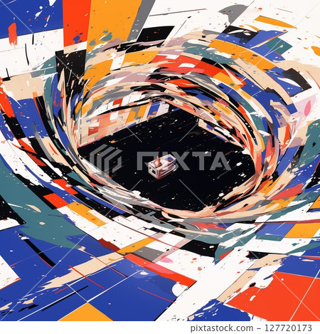 Abstract art of a lonely structure surrounded by colorful swirls 127720173