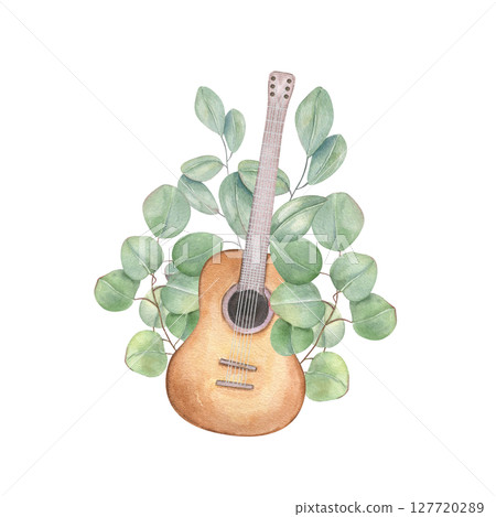 Six string guitar with eucalyptus bouquet romantic watercolor illustration isolated background. Hand painted musical instrument illustration for music festival posters, wedding invitations 127720289