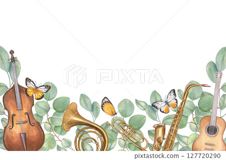 Horizontal watercolor isolated frame with musical instruments and eucalyptus branches. Saxophone, guitar, contrabass, French horn and greenery, butterflies illustration with copy space for text. Horizontal watercolor isolated frame with musical instruments and eucalyptus branches. Saxophone, guitar, contrabass, French horn and greenery, butterflies illustration with copy space for text. 127720290