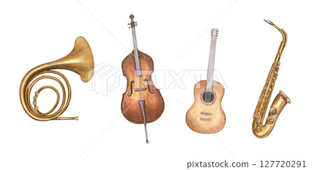 Musical set with contrabass, saxophone, guitar and French horn watercolor illustration isolated background. Hand painted music instruments for quartet. For jazz festival posters, concert flyer design. 127720291