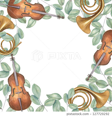 Contrabass and French horn with intertwined eucalyptus branches watercolor square frame isolated background. Woodwind instruments and greenery border with blank space for text. Music event invitation Contrabass and French horn with intertwined eucalyptus branches watercolor square frame isolated background. Woodwind instruments and greenery border with blank space for text. Music event invitation 127720292