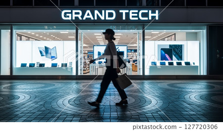 Silhouette of a woman walking in front of a store 127720306
