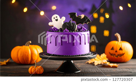Purple cake decorated with Halloween cookies 127720307