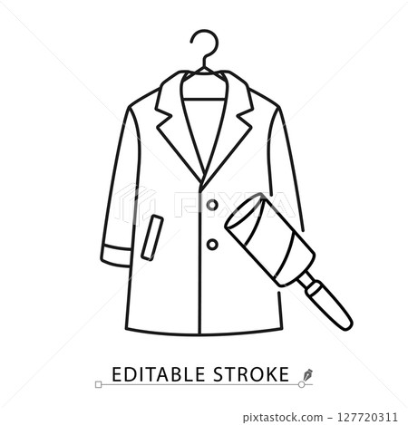 A coat on hanger with lint roller icon in minimalist style with editable stroke. Garment care, clothing cleaning, wardrobe object, household tool, fashion item, outline drawing 127720311