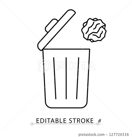 A trash can icon in minimalist style with editable stroke. Waste container, garbage bin, rubbish disposal, recycling object, sanitation equipment, crumpled paper, outline element, vector line drawing. A trash can icon in minimalist style with editable stroke. Waste container, garbage bin, rubbish disposal, recycling object, sanitation equipment, crumpled paper, outline element, vector line drawing. 127720316