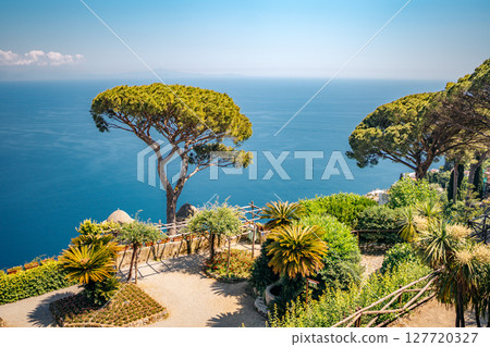 Ravello, Villa Rufolo gardens offer stunning Amalfi Coast views, attracting tourists seeking beauty.. Ravello, Villa Rufolo gardens offer stunning Amalfi Coast views, attracting tourists seeking beauty.. 127720327
