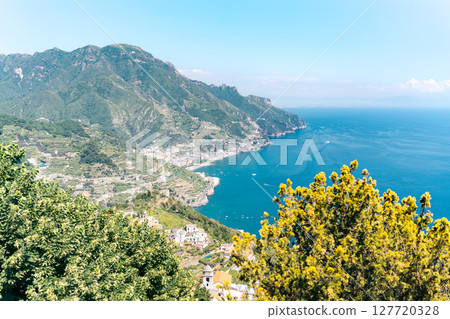 Scenic view of the Amalfi Coast, Italy, showcasing its beauty and charm.. Scenic view of the Amalfi Coast, Italy, showcasing its beauty and charm.. 127720328