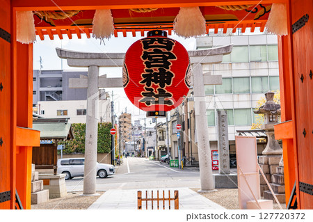 The sacred lantern at the main gate (red gate) of Nishinomiya Shrine (the head shrine of Ebisu Shrine) - Ebisu Shrine of Nishinomiya The sacred lantern at the main gate (red gate) of Nishinomiya Shrine (the head shrine of Ebisu Shrine) - Ebisu Shrine of Nishinomiya 127720372