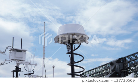 Military-grade communication equipment is set up in a war zone under a cloudy sky, vital for coordinating operations during ongoing conflict. Military-grade communication equipment is set up in a war zone under a cloudy sky, vital for coordinating operations during ongoing conflict. 127720509