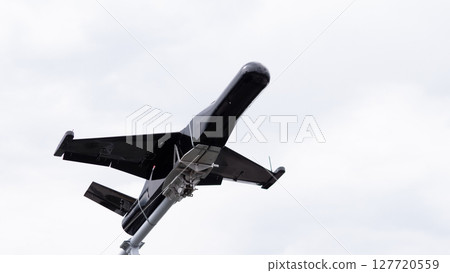 A military drone flies above a conflict zone, actively conducting reconnaissance to gather intelligence during ongoing hostilities. A military drone flies above a conflict zone, actively conducting reconnaissance to gather intelligence during ongoing hostilities. 127720559