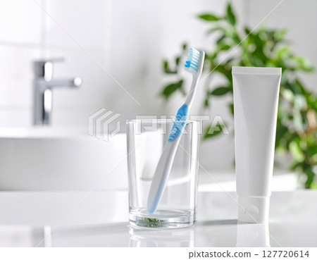 Toothbrush and toothpaste on a white sink 127720614